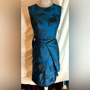 NWT Kay Unger Tina Dark Blue Jacquard Floral Midi Dress, Size 2